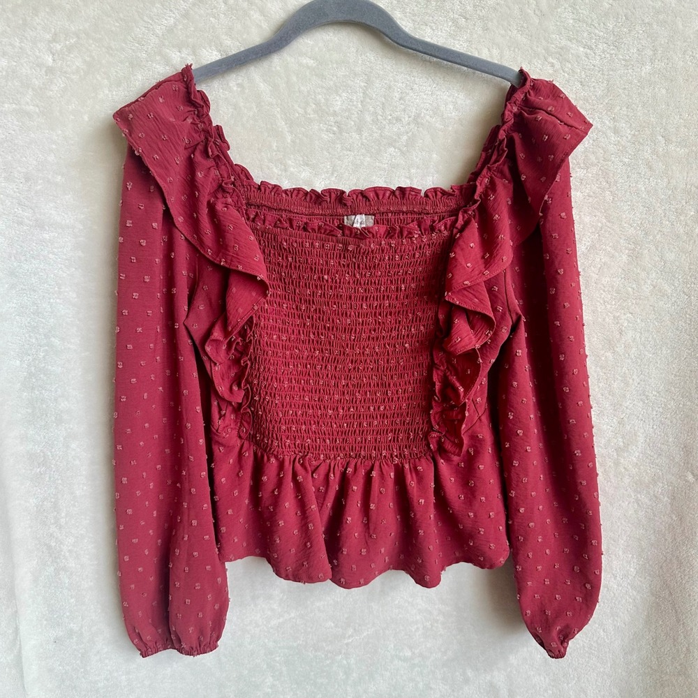 Altar'd State Swiss Dot Smocked Ruffle Square Neck Puff Sleeve Top Burgundy M
